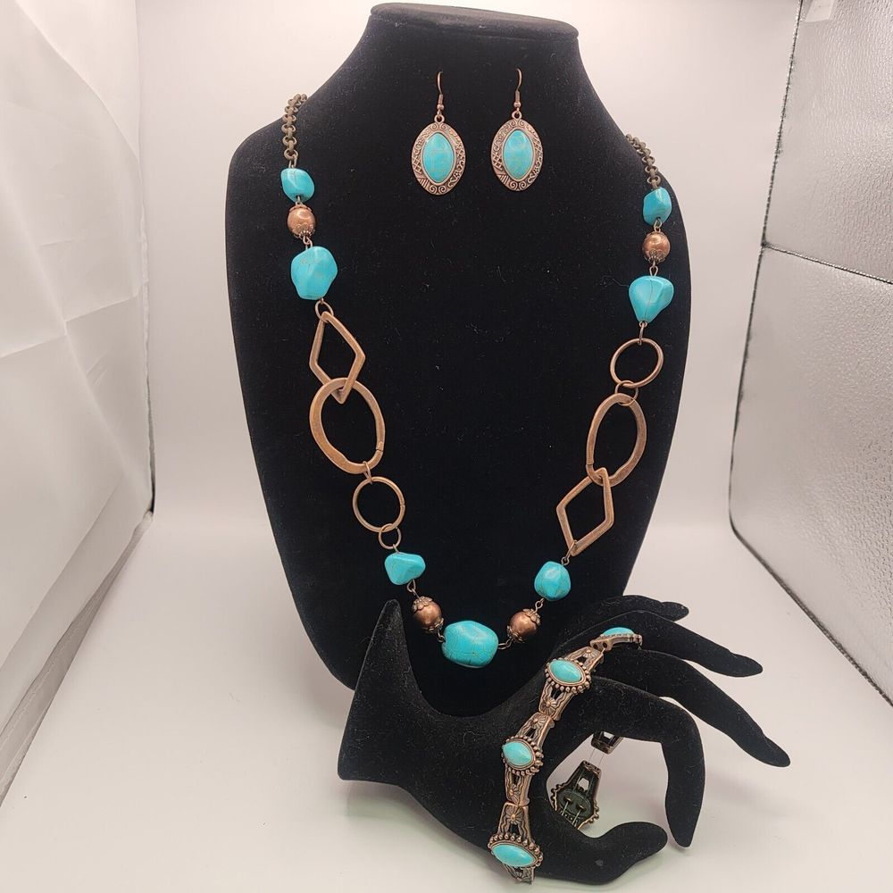 3 Pc Set Hammered Copper Tone Faux Turquoise Beaded Necklace Bracelet Earrings